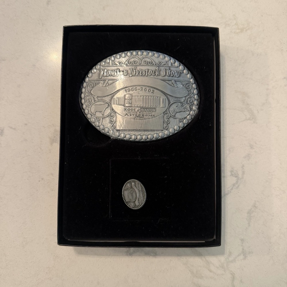 Vintage 1966-2002 Rodeo Houston Astrodome Belt Buckle & Hat Pin Set Murphy's NIB